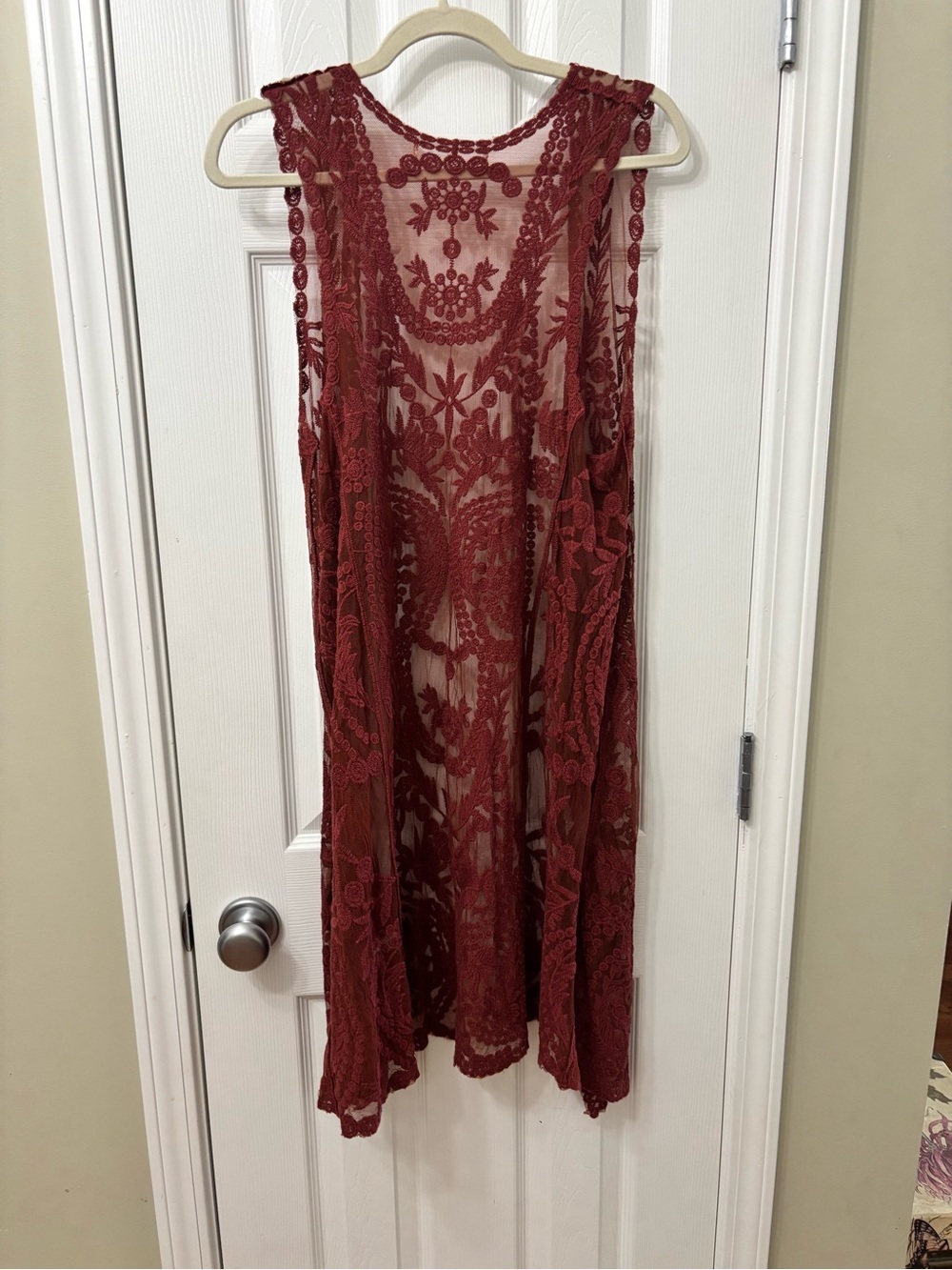 Rue 21 Burgundy Lace Duster Vest Sheer Open Front Boho Festival Size Large L - Picture 7 of 7